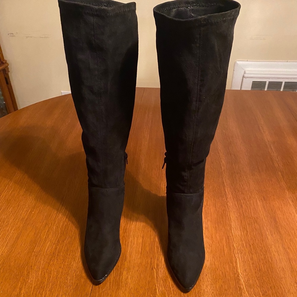 Black faux suede zip up knee-high boots
